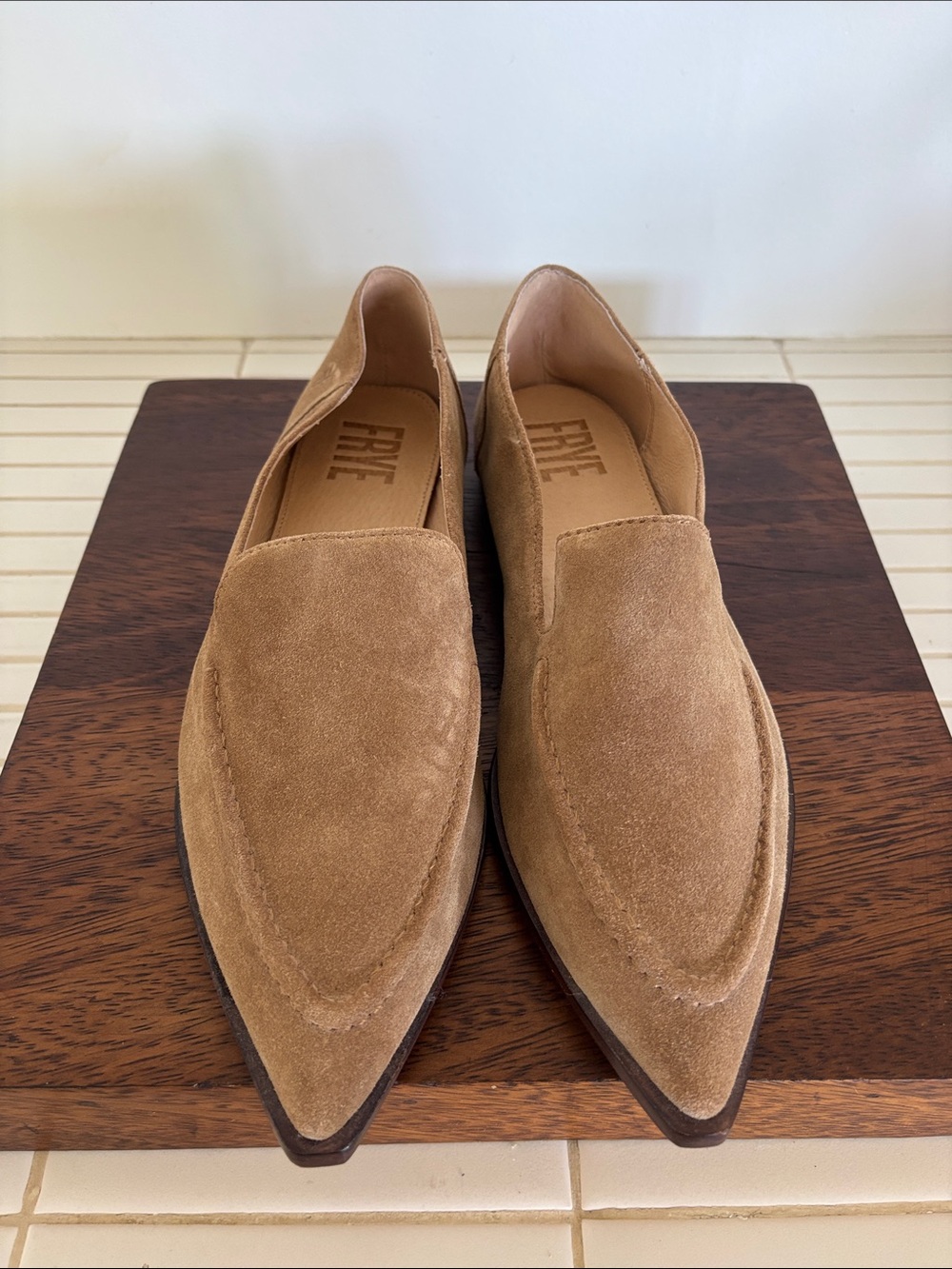 Frye Pointed Suede Slip-On Loafers in Camel Brown 9.5